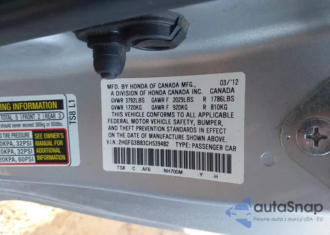 2012 Honda Civic Ex z USA, uszkodzony, nr VIN 2HGFG3B83CH539482